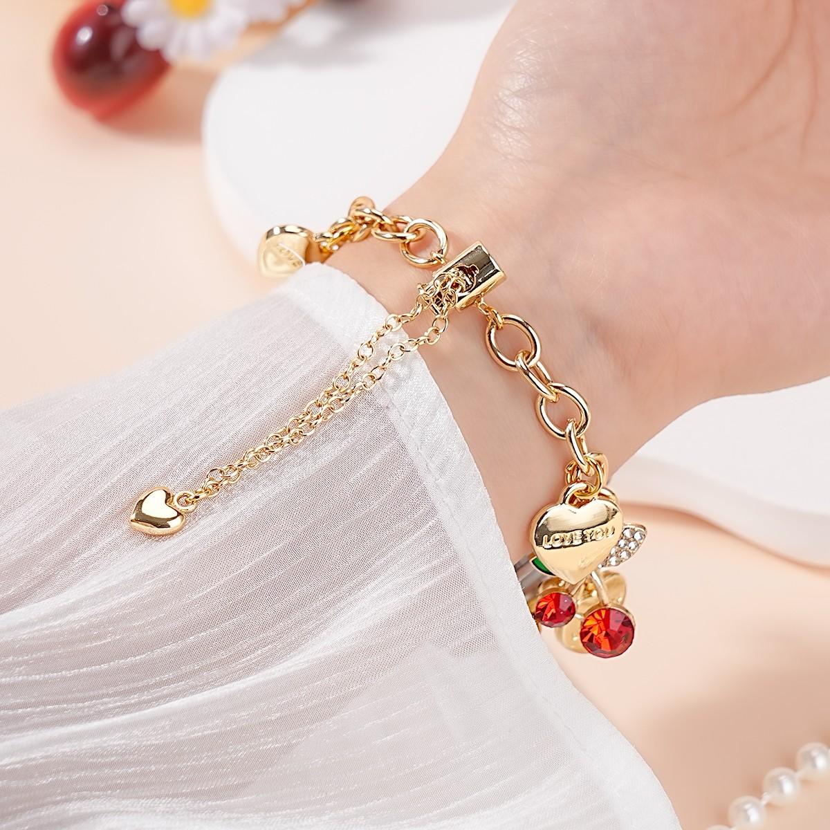 Women's Metal Chain Apple Watch Band, Heart Cherry Charm Bracelet Strap for Iwatch 38-49mm, Perfect Gift for Birthday & Valentine's Day