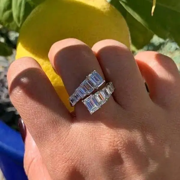 AEAW 14K White Gold Fashion Moissanite Open Ring Emerald Cut Brilliant Moissanite Ring Engagement Ring for Women