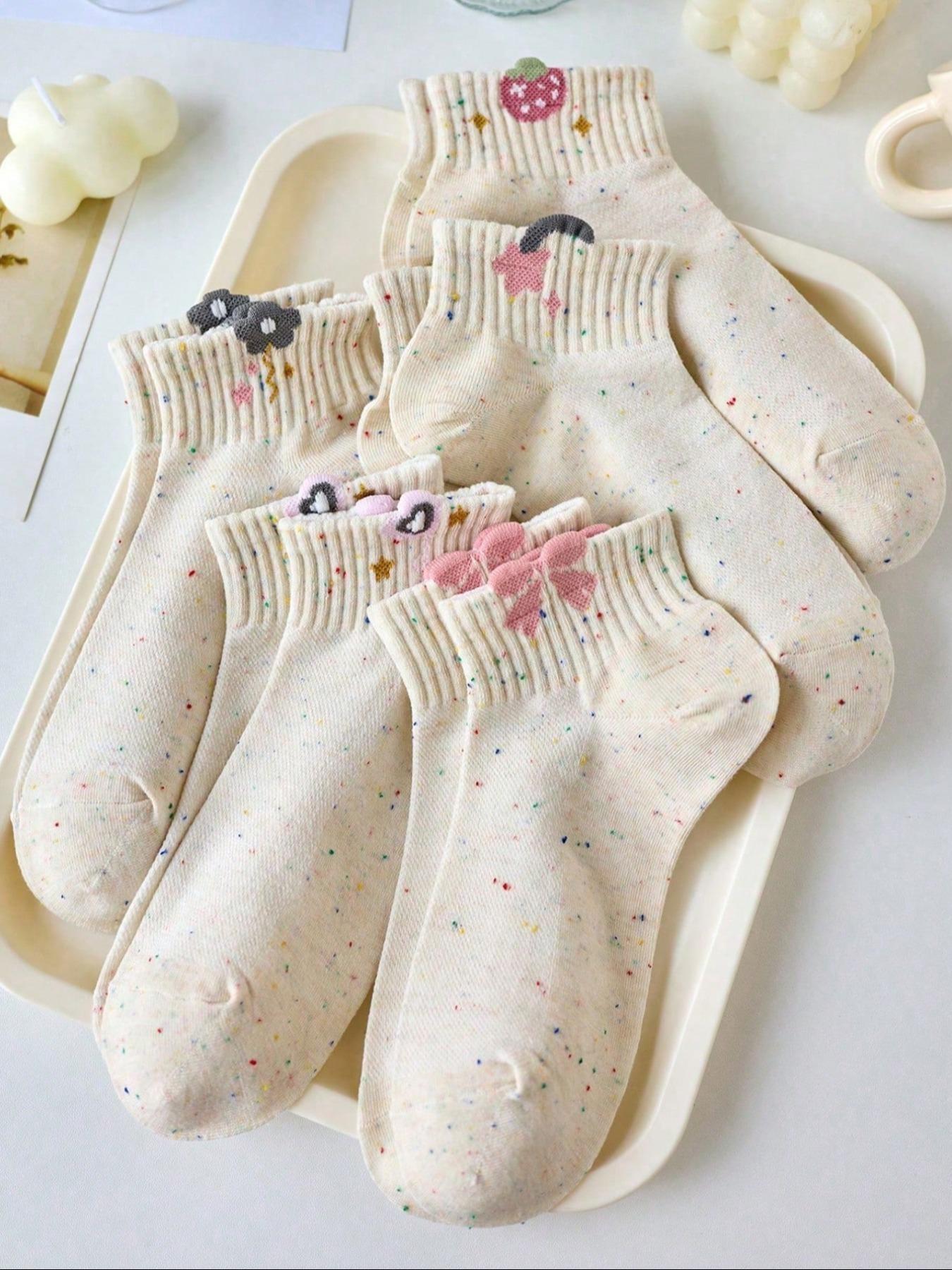 5 Pairs Women's Teenage Floral Strawberry Bow Low Top Ankle Socks, High Elastic Non-Straining Short Socks, All Seasons Student Socks
