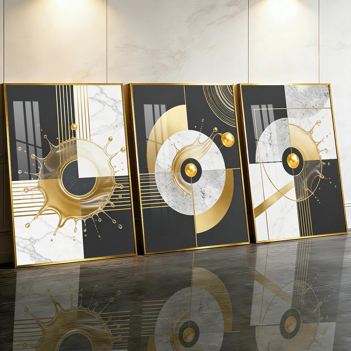 3 Counts Aluminum Alloy Framed Painting, Abstract Golden Splash Geometric Art Pictures, Home Decoration For Living Room, Bedroom, Office, Restaurant, Hallway Wall Decor, Odorless Print Artwork, Luxury Perfect Gift For Friends And Family