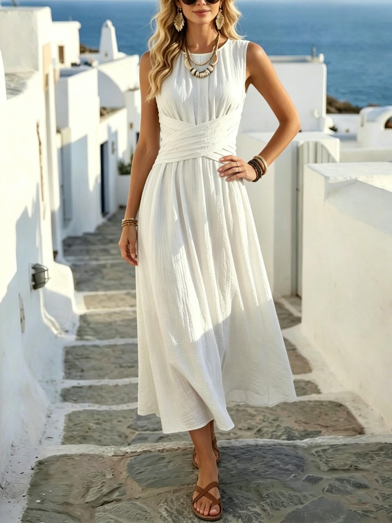 Boho Style Lightweight Sleeveless Midi Dress, Loose Fit Casual Daily Wear, Summer Women's Dress