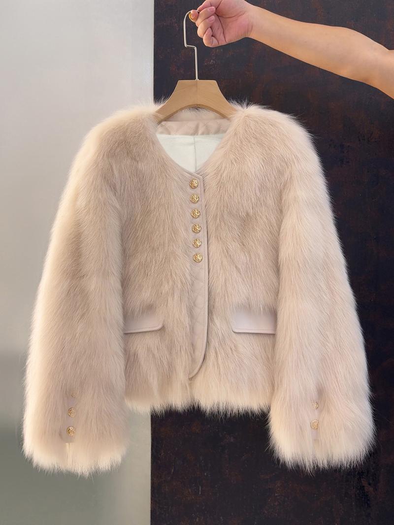 Women's Faux Fox Fur Coat, Short Autumn Winter Coat with Contrast Trim, New Korean Style Patchwork Outerwear Jackets