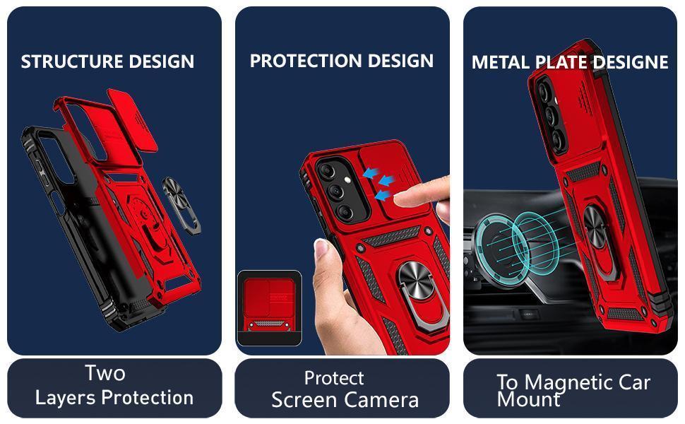 SunStory Phone Case for Samsung Galaxy A15 5G Case with HD Screen Protector & Slide Camera Cover & Rotated Ring Kickstand, [Military-Grade] Phone Case for Galaxy A15 5G (Red)