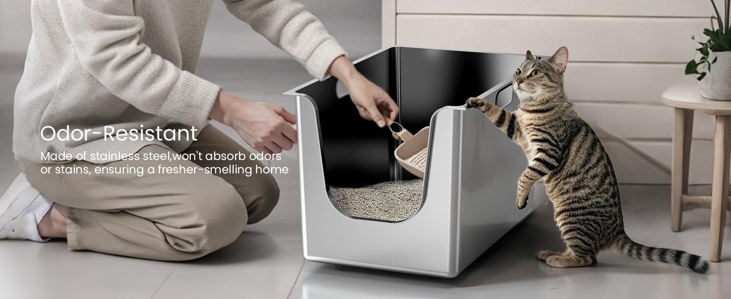 Ptlom High Side Stainless Steel Cat Litter Box, Extra Large, Anti-Leakage, Non-Sticky, Easy Cleaning, - Pet Supplies