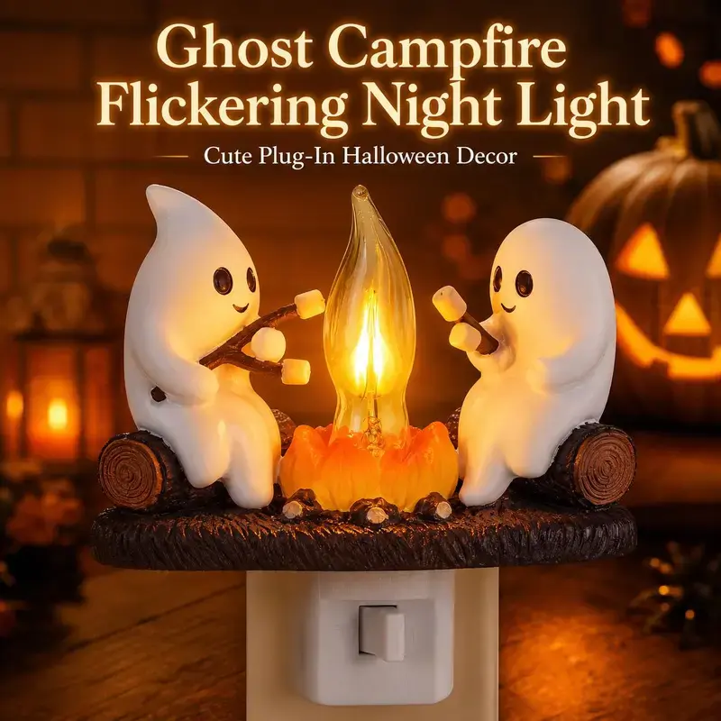 3D Ghost Campfire Night Light, LED Flickering Flame Lamp for Halloween Decor, Spooky Faux Fire Light for Bedroom, Desk, Shelf, Party & Haunted House Decoration