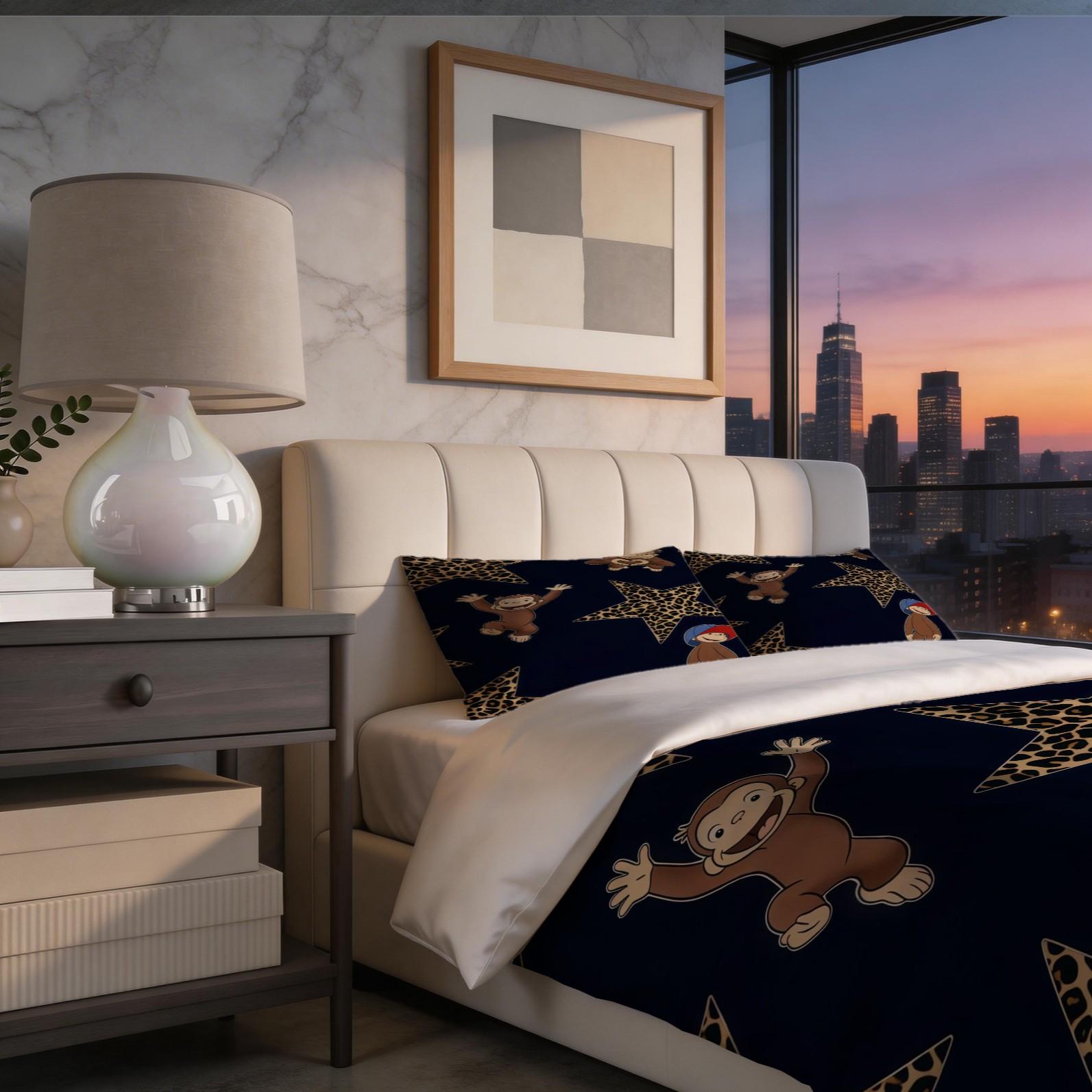 2/3 Piece Curious George Duvet Cover Set, 1 Duvet Cover + 1/2 Pillowcases NO FILLING INCLUDED, Cute Cartoon Monkey Leopard Star Bedding, Kids Bedroom Decor for Boys Girls Teens, Ideal Gift for Curious George Fans