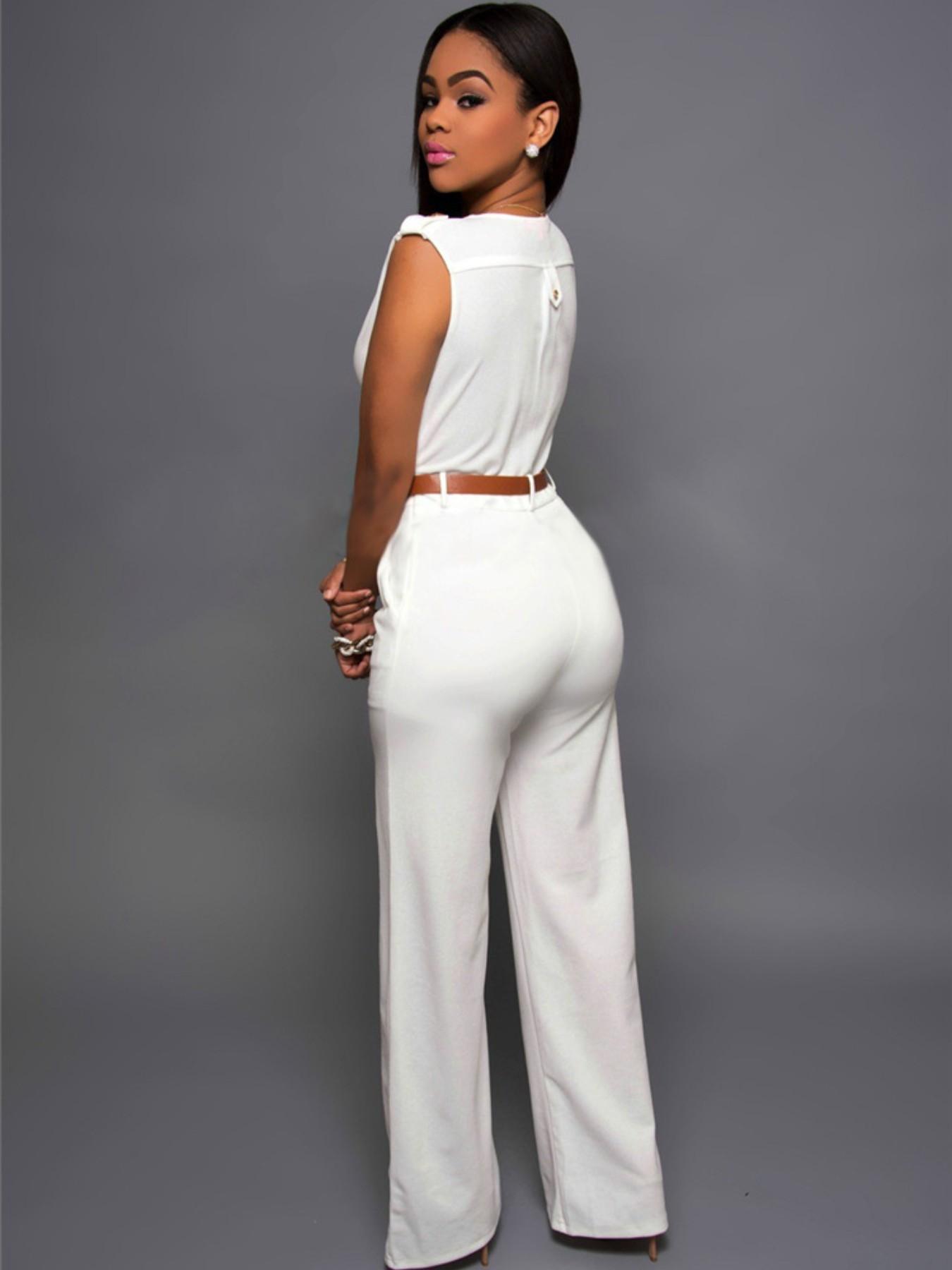 Sexy Pocket Women's Clothing, High Waisted V-Neck Wide Leg Pants, Irregular Jumpsuit with Belt, European and American Style Womenswear