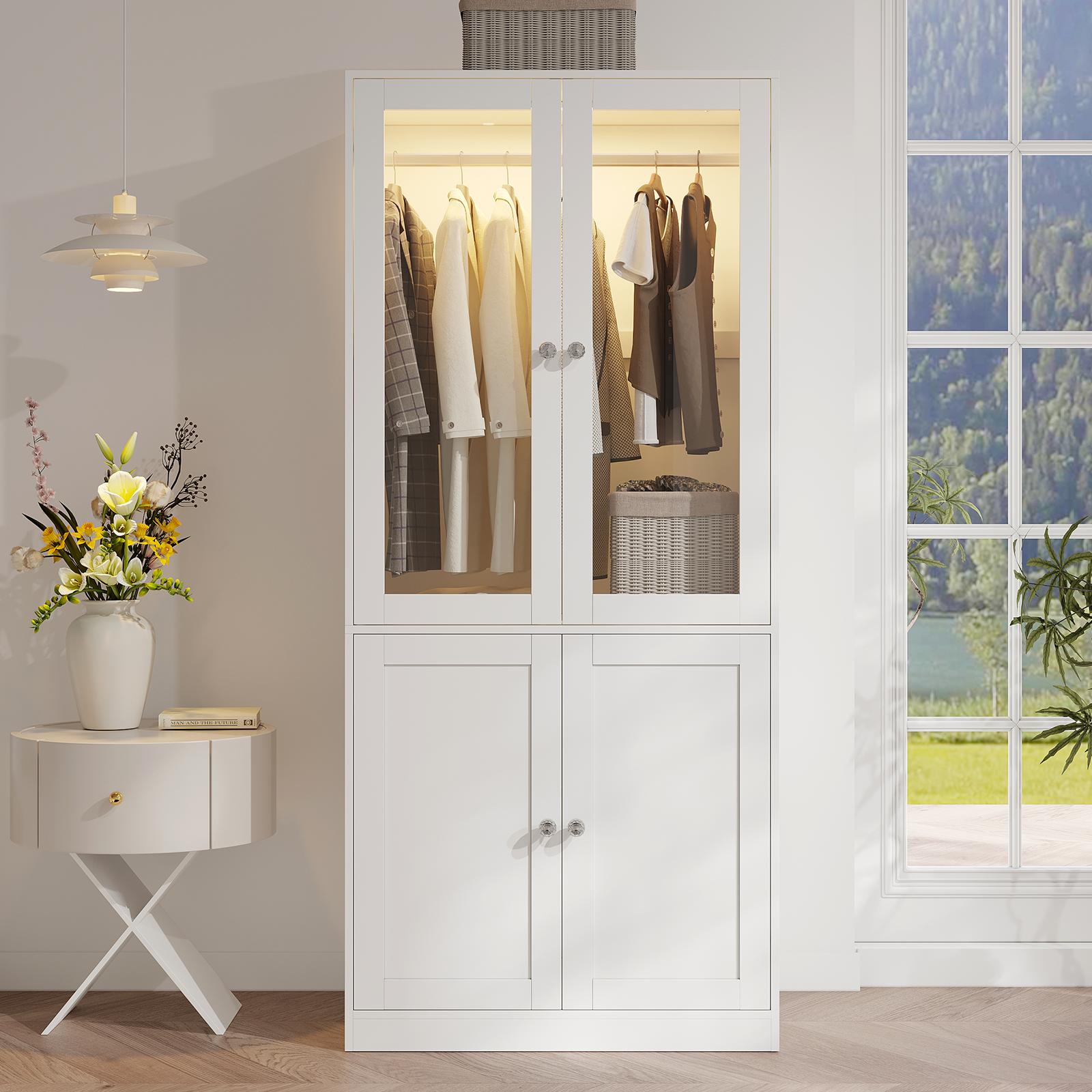 VOWNER  Freestanding Wardrobe, 71" High Bedroom Wardrobe with 2 Doors and 3 Drawers, With Hanging Rod, Bedroom, Living Room, White