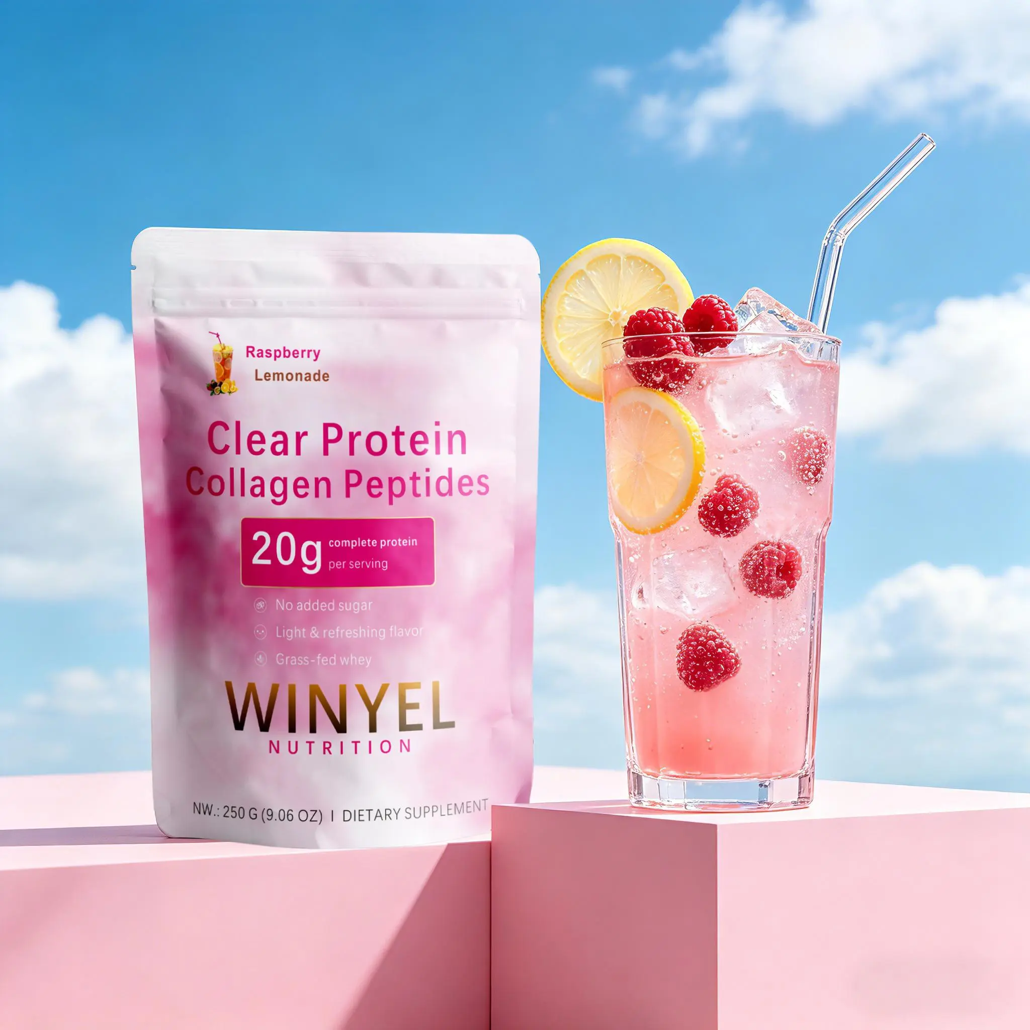 WINYEL Nutrition Clear Protein Collagen Peptides, Raspberry Lemonade, 20g Protein, Zero Sugar, Grass-Fed Whey, 250g