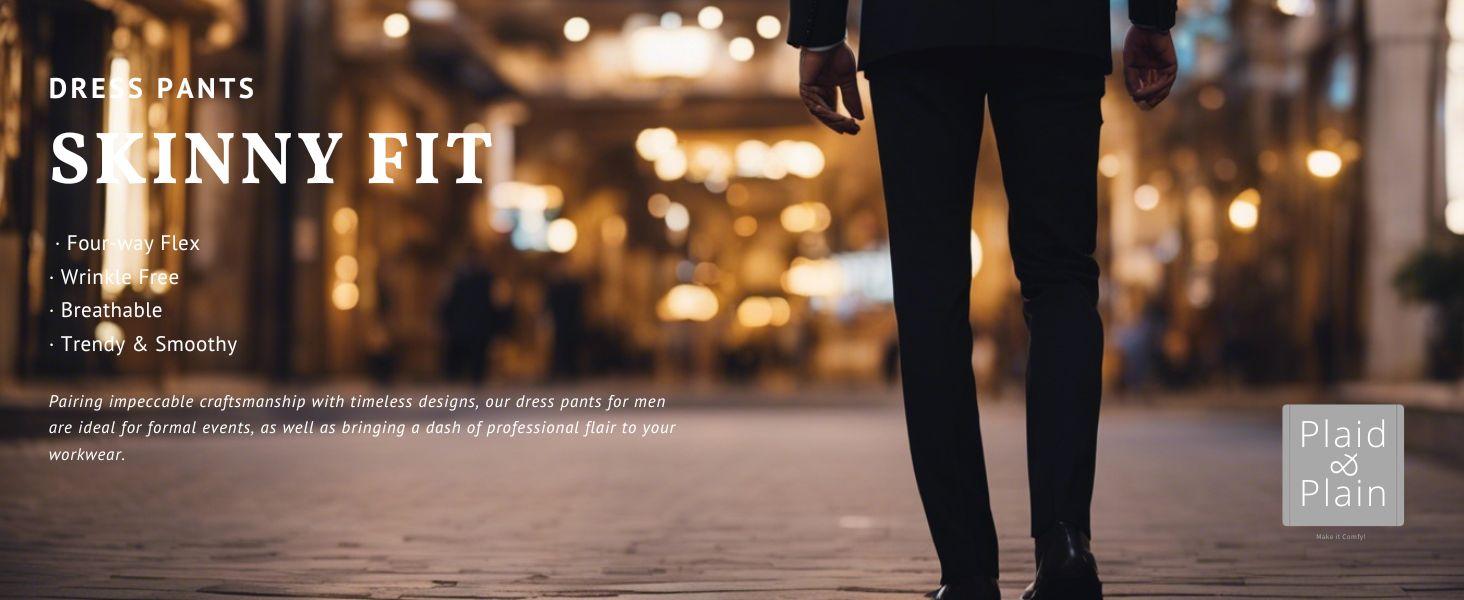 Plaid&Plain Men's Stretch Dress Pants Slim Fit Skinny Suit Pants 7101