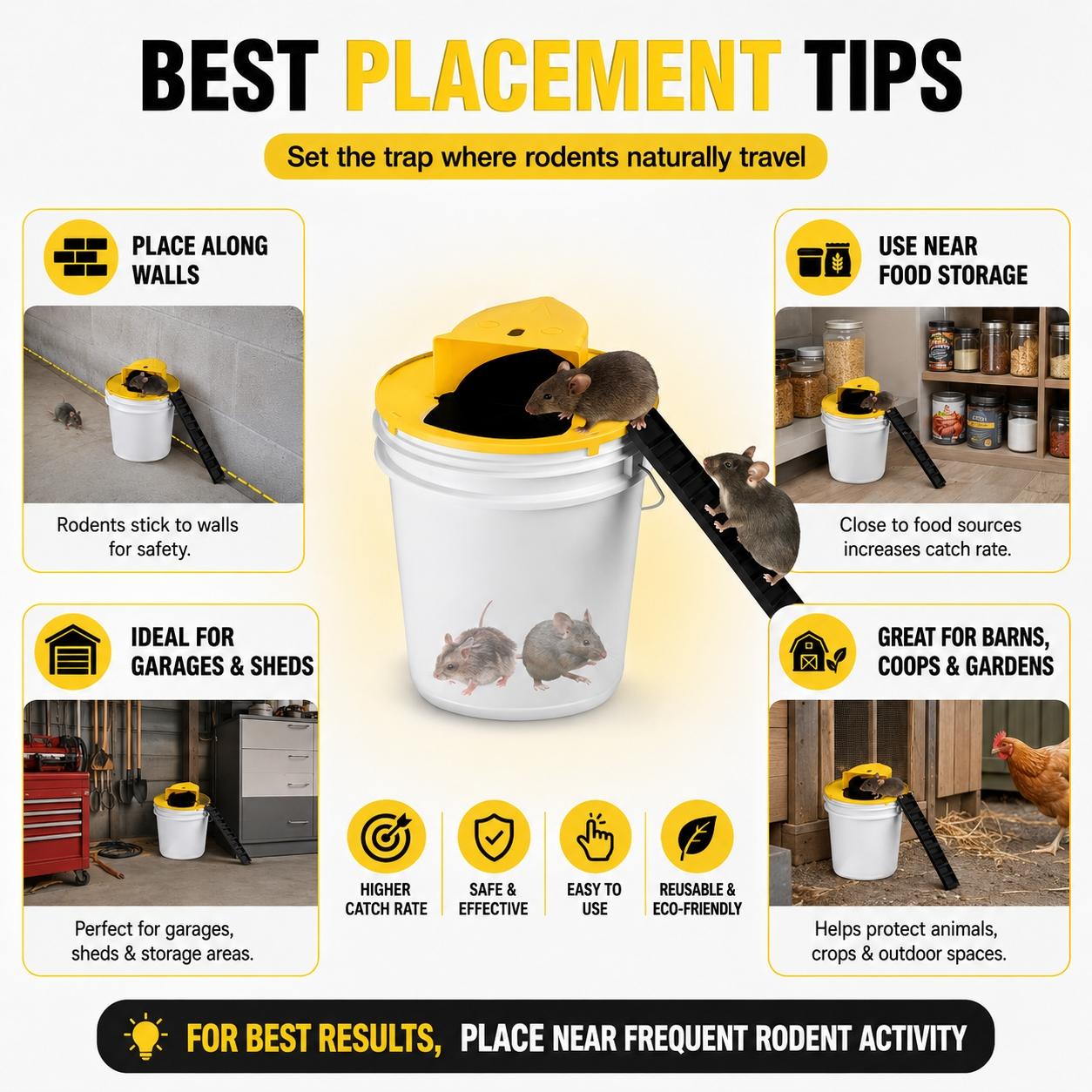 4PCS Flip N Slide Bucket Lid Mouse Trap Kit, Reusable Auto-Reset Multi-Catch Climb & Repeat Rat & Mouse Trap with Ramp, Durable ABS Indoor Outdoor Pest Control, No-Touch Rodent Catcher for Home Garage Kitchen Basement Yard, Bucket Not Included