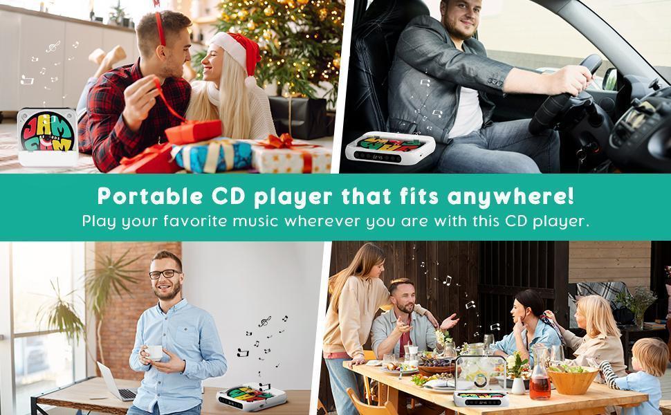 Portable Bluetooth CD Player - Music Player with LED Display, Anti-Shock, FM Radio, Audio Speakers, Button Controls, 3.5mm Jack, 2000mAh for Children, Exercise, Outdoor, Car Use, Push Button