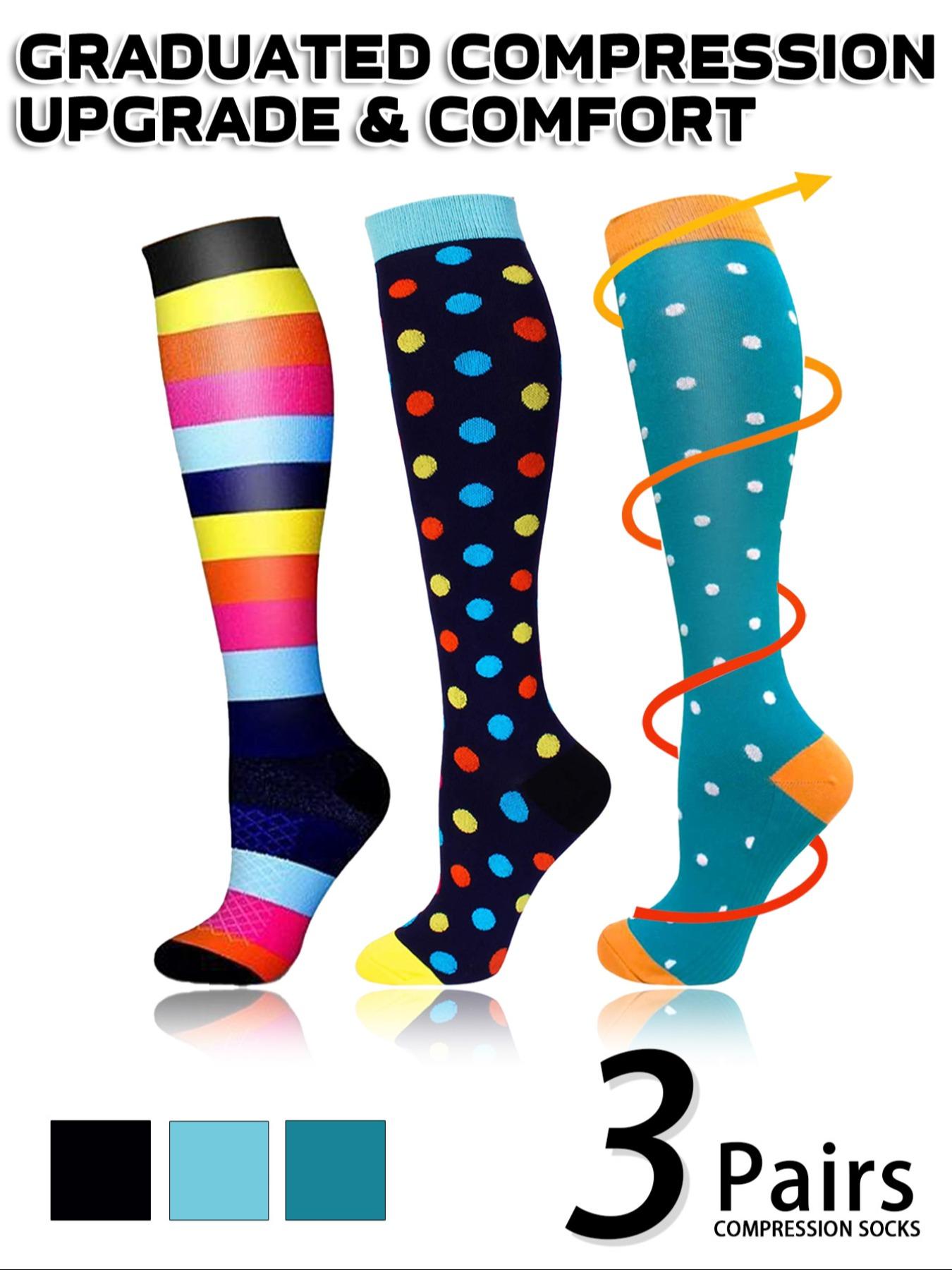 3 pairs of men's and women's compression socks with a compression rating of 15-20 mmHg in a knee-high design for running, performance and recovery, available in a range of colours to help improve circulation, Sports Socks