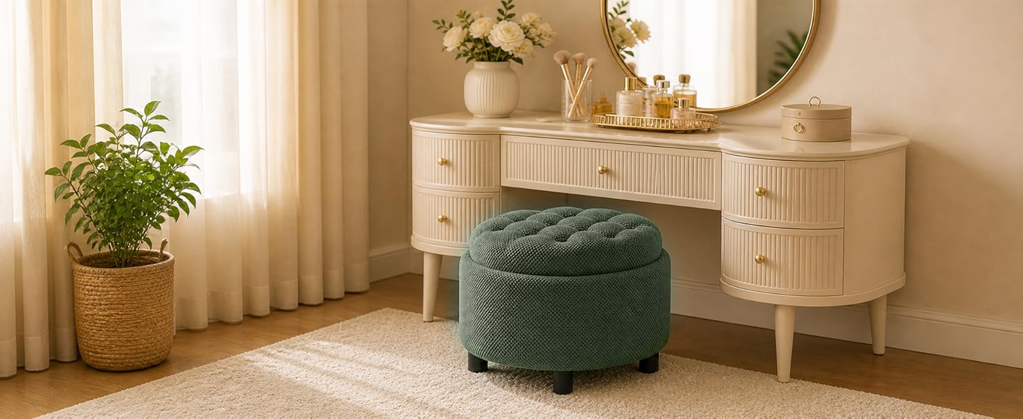 25" Round Fabric Tufted Storage Ottoman - Dark Brown, Reversible Wood Tray Top, Hidden Storage for Blankets & Pillows, Short, Modern, Fixed Arms, No Fire Safety Label, Assembly Required Footrest/Coffee/Side Table for Living Room Small Spaces