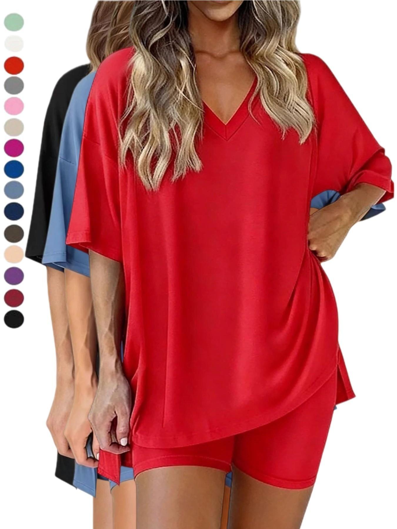2026 V Neck 2 Piece Sets forSpringWomen Summer Loungewear Short Set SpringMatching Biker Shorts Oversized ShirtClothing