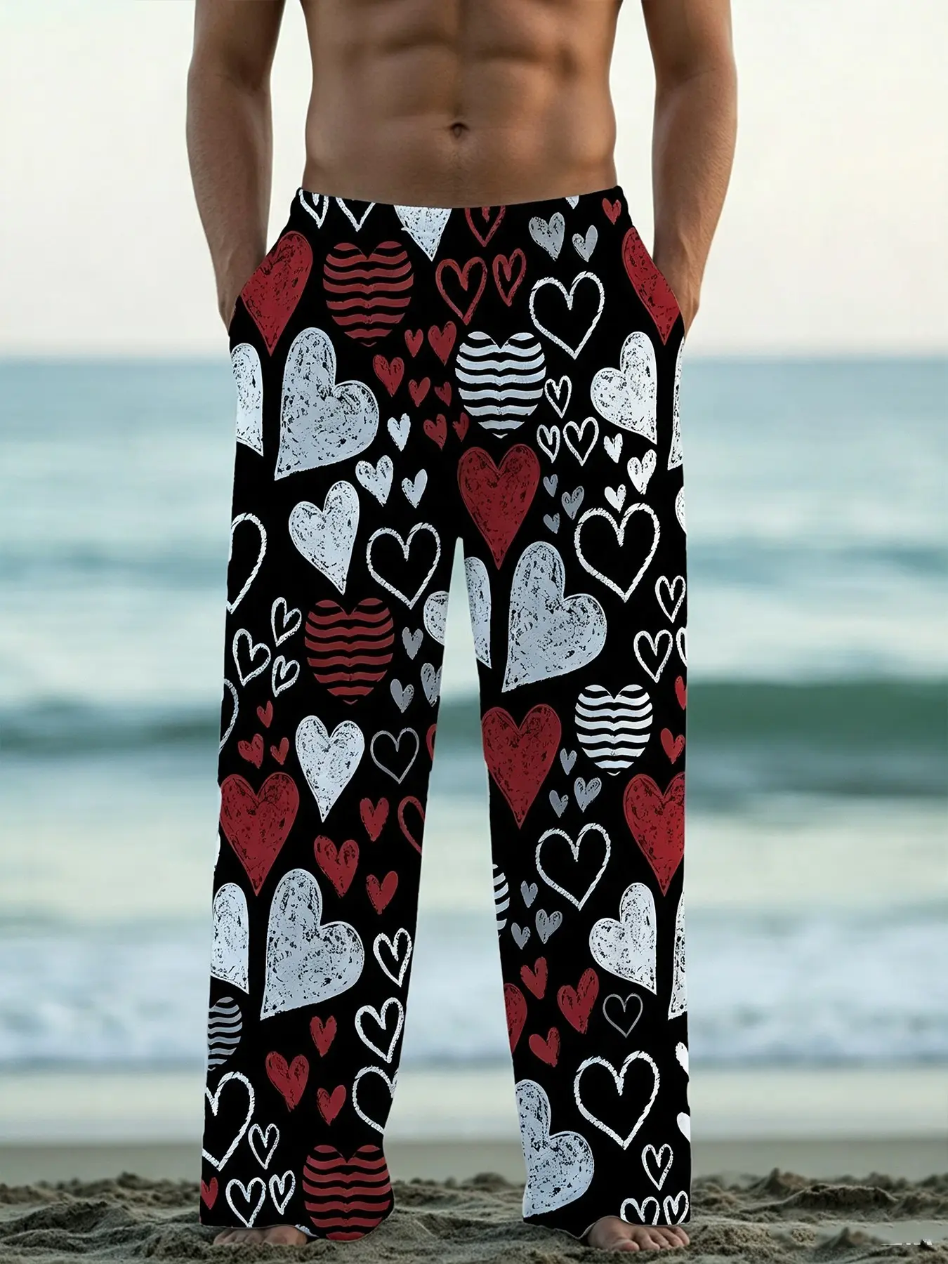 Men Vintage Heart Print Wide Leg Sleep Pants Couple Matching Lounge Pants Black Loose Casual Home Trousers