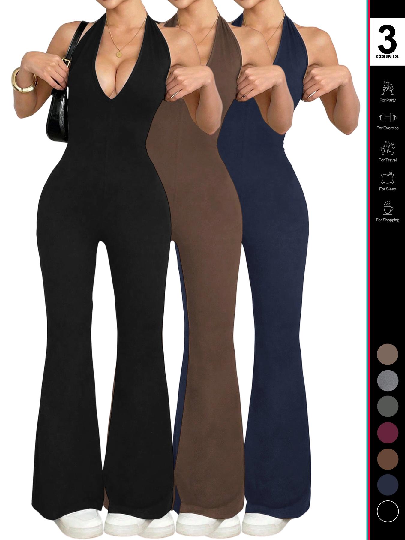 2026 Women's Sexy Halter V Neck Jumpsuit, Sleeveless Backless Design, Fitted Flare Leg Romper, Casual Style for All Seasons