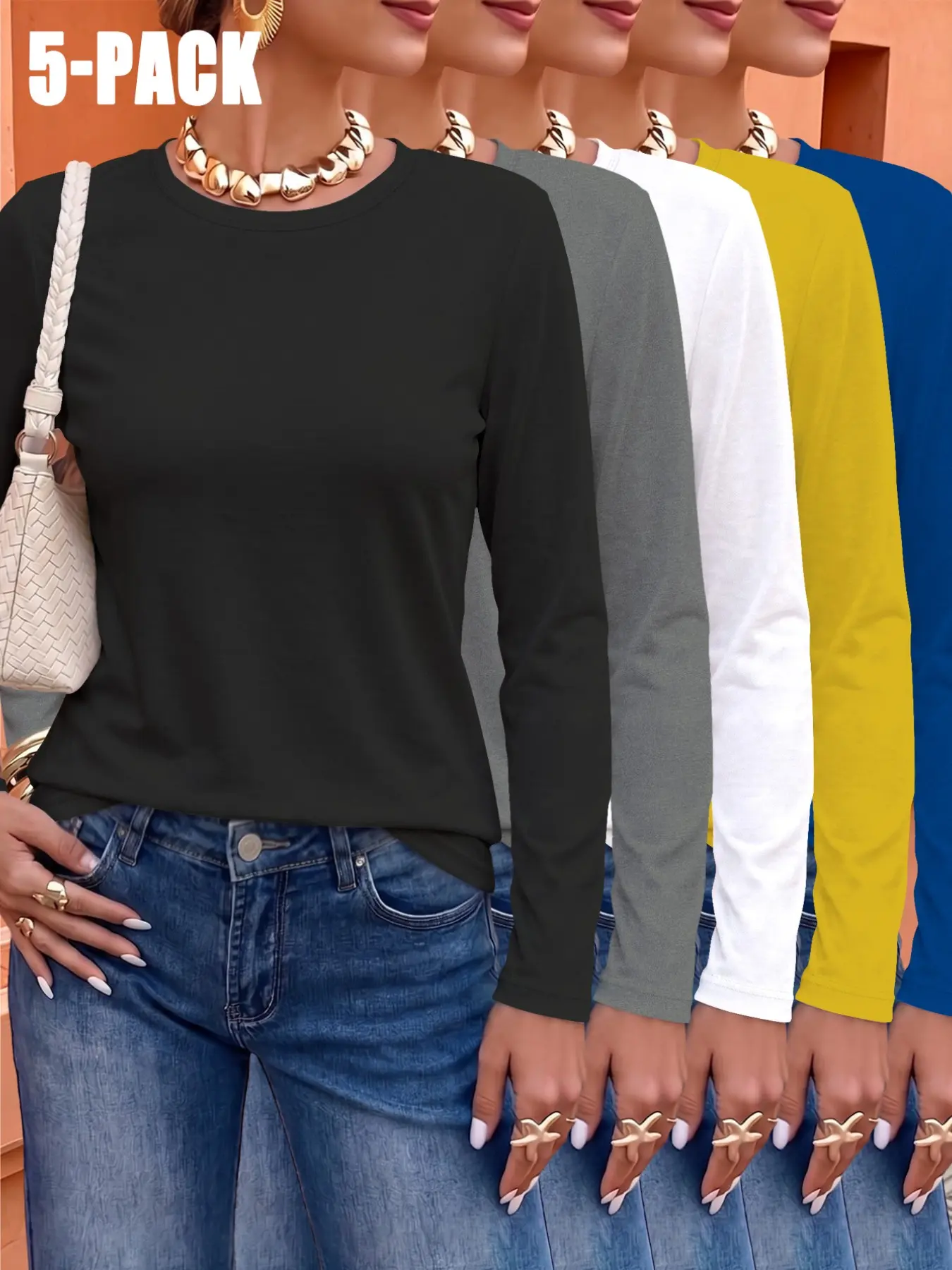 Basic Women's Crew Neck Long Sleeve T-Shirt Set of 5, Casual Slim-Fit Everyday Style for All Seasons, Unlined Solid Color Tees