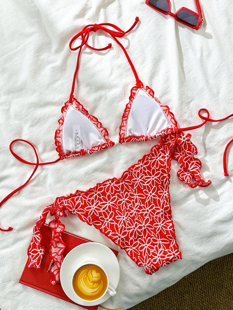 Women's Sexy Halter Bikini Sets Jacquard Bikini Swimsuits Tie Side Triangle Bathing Suits Two Piece Bathing Suits, Halter Bikinis Set, Triangle Bikini Top