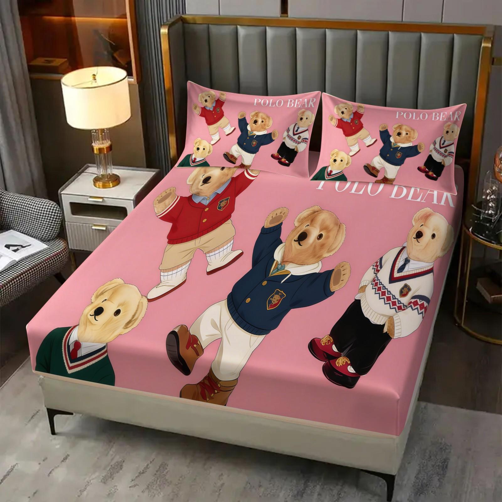 3-Piece Trendy Teddy Bear Patterned Bed Sheet, Soft And Durable Bedding Set Including 1 Bed Sheet And 2 Pillowcases, Suitable For Daily Holiday, Birthday, Gift, Bedroom Decoration For Children And Adults