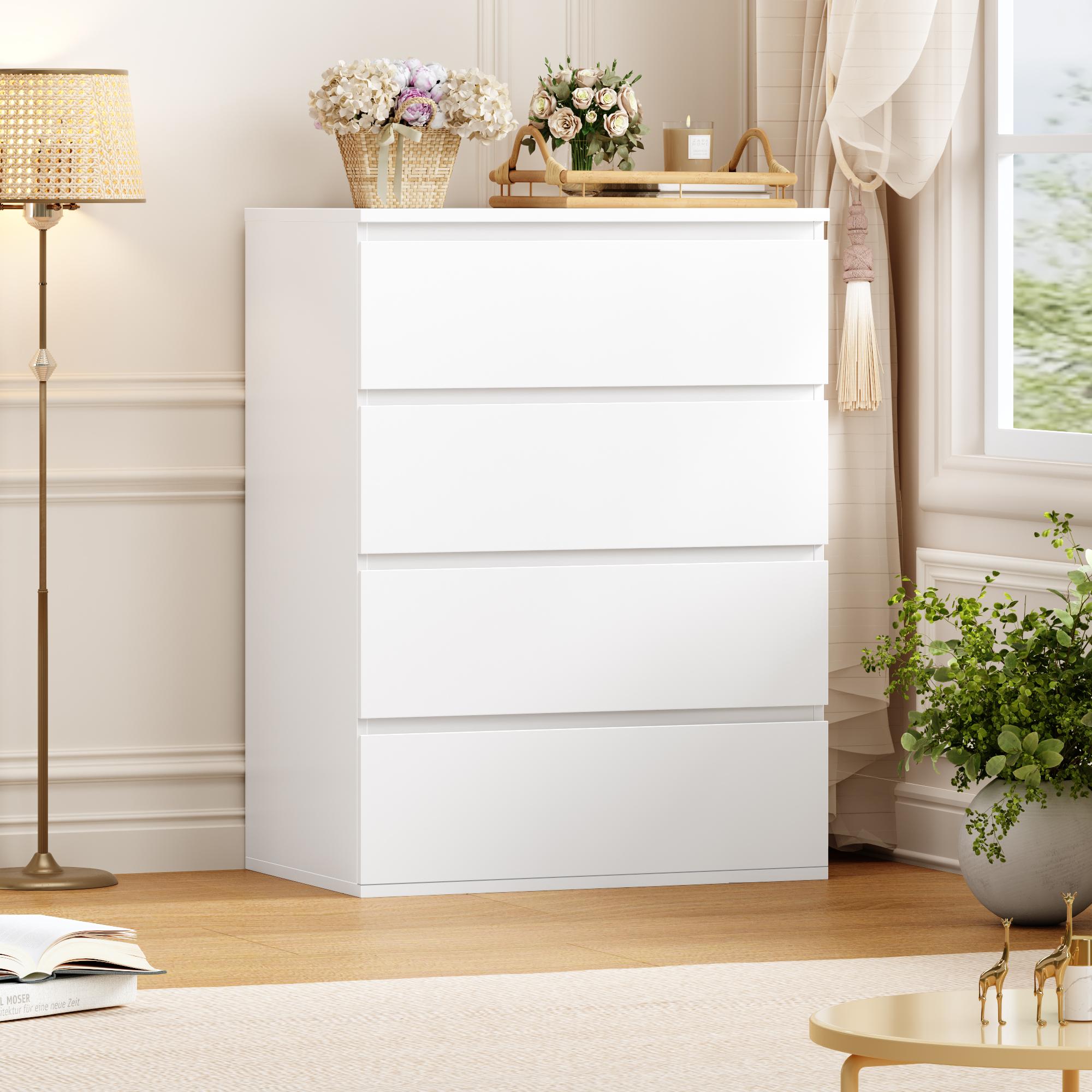 FOTOSOK 4 Drawer Dresser, White Dresser for Bedroom, Small Dresser Chest of Drawers, White Storage Cabinet with 4 Drawers