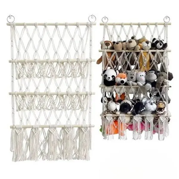 Hanging Plush Toy Storage Basket, Nordic Handwoven Wall Organizer for Kids Room, Boho Stuffed Animal Net Holder, Cute Nursery Bedroom Decor & Space Saving Storage Solution