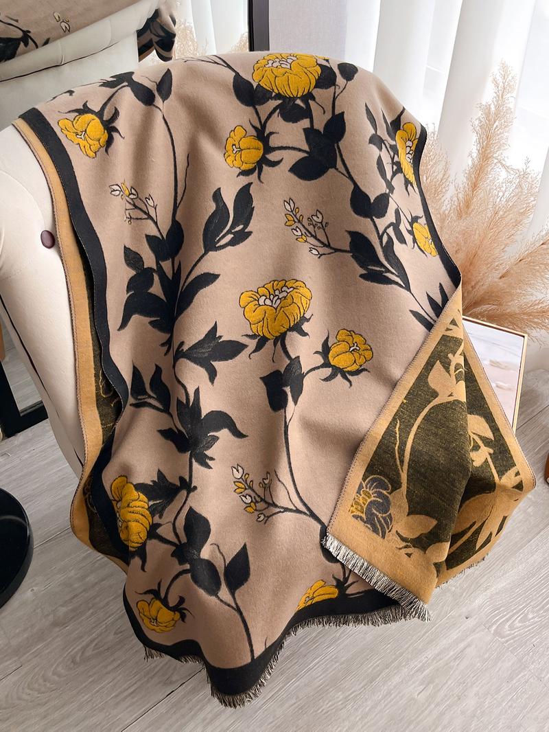 Elegant Floral Knit Scarf for Women, Boho Style Double-Sided Shawl, Fall & Winter Warm Daily Wear, Fitted Design