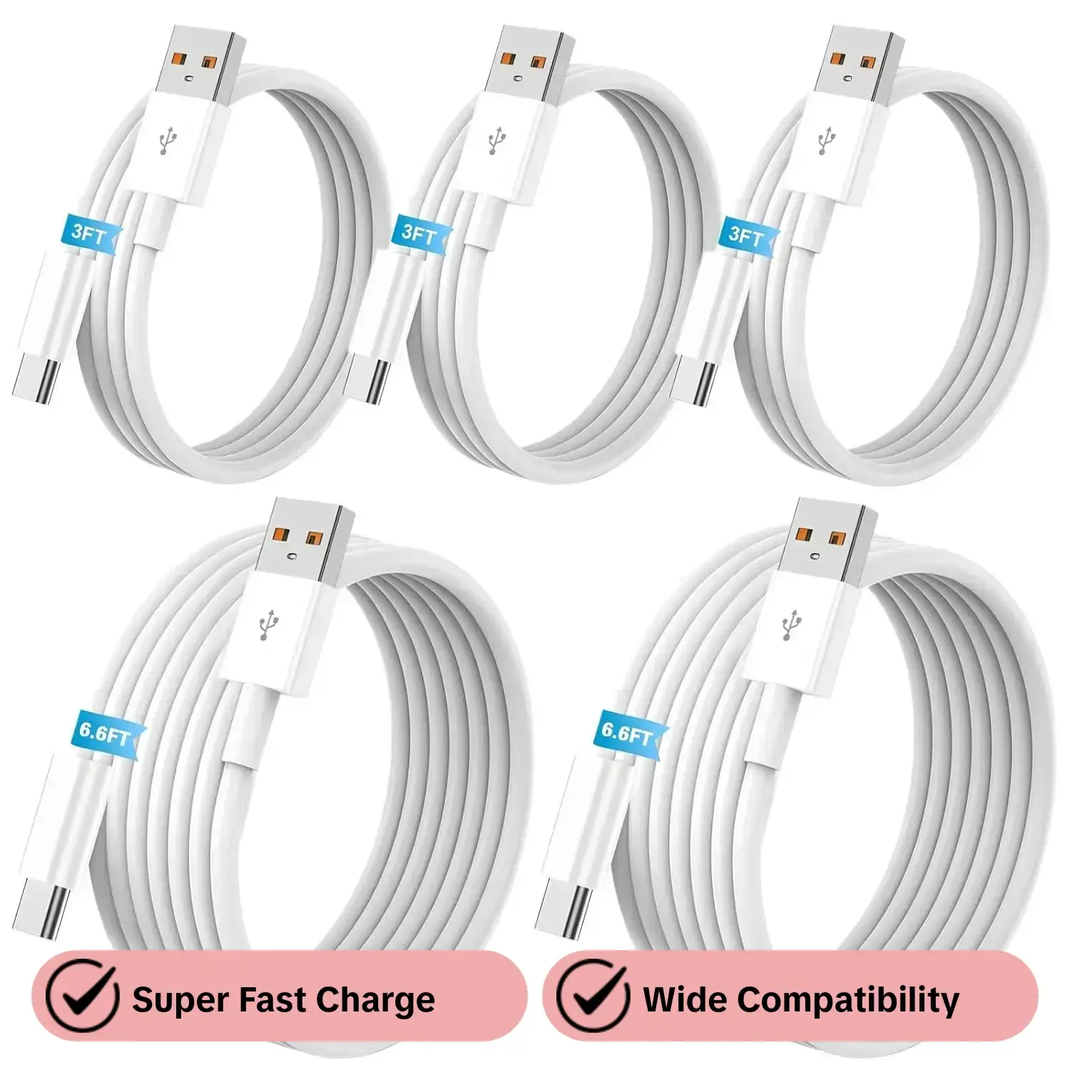 5pack USB A to C Cable Type C Portable 60W【2 * 6.6Ft+3 * 3.3Ft】 Super Fast Charging 6A Quick Charger Cord, Compatible with iPhone 16/15,Galaxy S10 S9 S8 Plus, Note 10 9 8, V50 V40 G8 G7