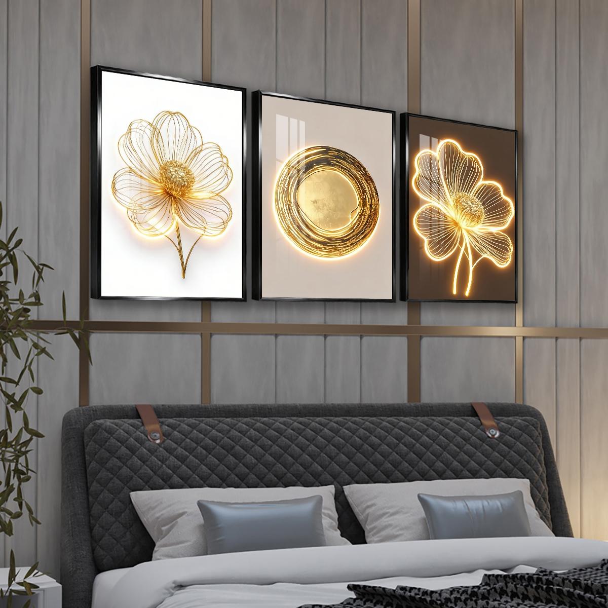 3 Counts Aluminum Alloy Framed Painting, Golden Wire Flower And Sun Abstract Art Pictures, Home Decoration For Living Room, Bedroom, Office, Restaurant, Hallway Wall Decor, Odorless Print Artwork, Luxury Perfect Gift For Friends And Family