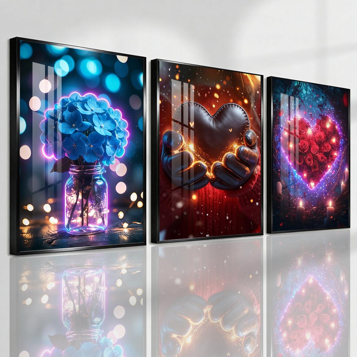 3 Counts Aluminum Alloy Framed Painting, Romantic Roses Hearts And Flowers Pictures, Home Decoration For Living Room, Bedroom, Office, Restaurant, Hallway Wall Decor, Odorless Print Artwork, Luxury Perfect Gift For Friends And Family