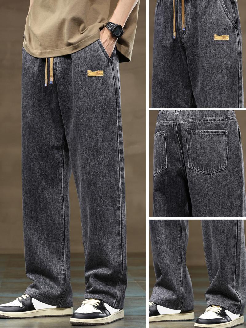 Men's drawstring elastic waist straight-leg jeans, solid color, casual and versatile non-stretchy denim pants, loose straight-leg fit, suitable for wearing in all seasons