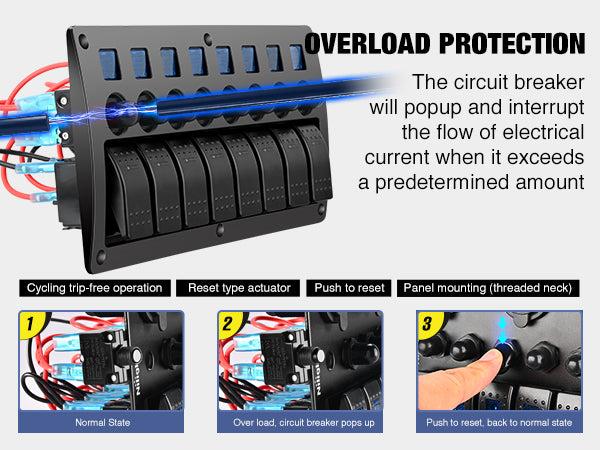 Nilight 8-Gang Pre-Wired Waterproof Rocker Switch Panel - 8-Gang Setup, Resettable Circuit Breakers (5A,10A,15A), LED Backlight, 3-Pin 12V-24V ON-Off Toggle Switches, Screw Included, Easy Installation, for Most DC 12V-24V Cars, Caravan, Marine Boat Nilight 8-Gang Pre-Wired Waterproof Rocker Switch Panel - 8-Gang Setup, Resettable Circuit Breakers (5A,10A,15A), LED Backlight, 3-Pin 12V-24V ON-Off Toggle Switches, Screw Included, Easy Installation, for Most DC 12V-24V Cars, Caravan, Marine Boat