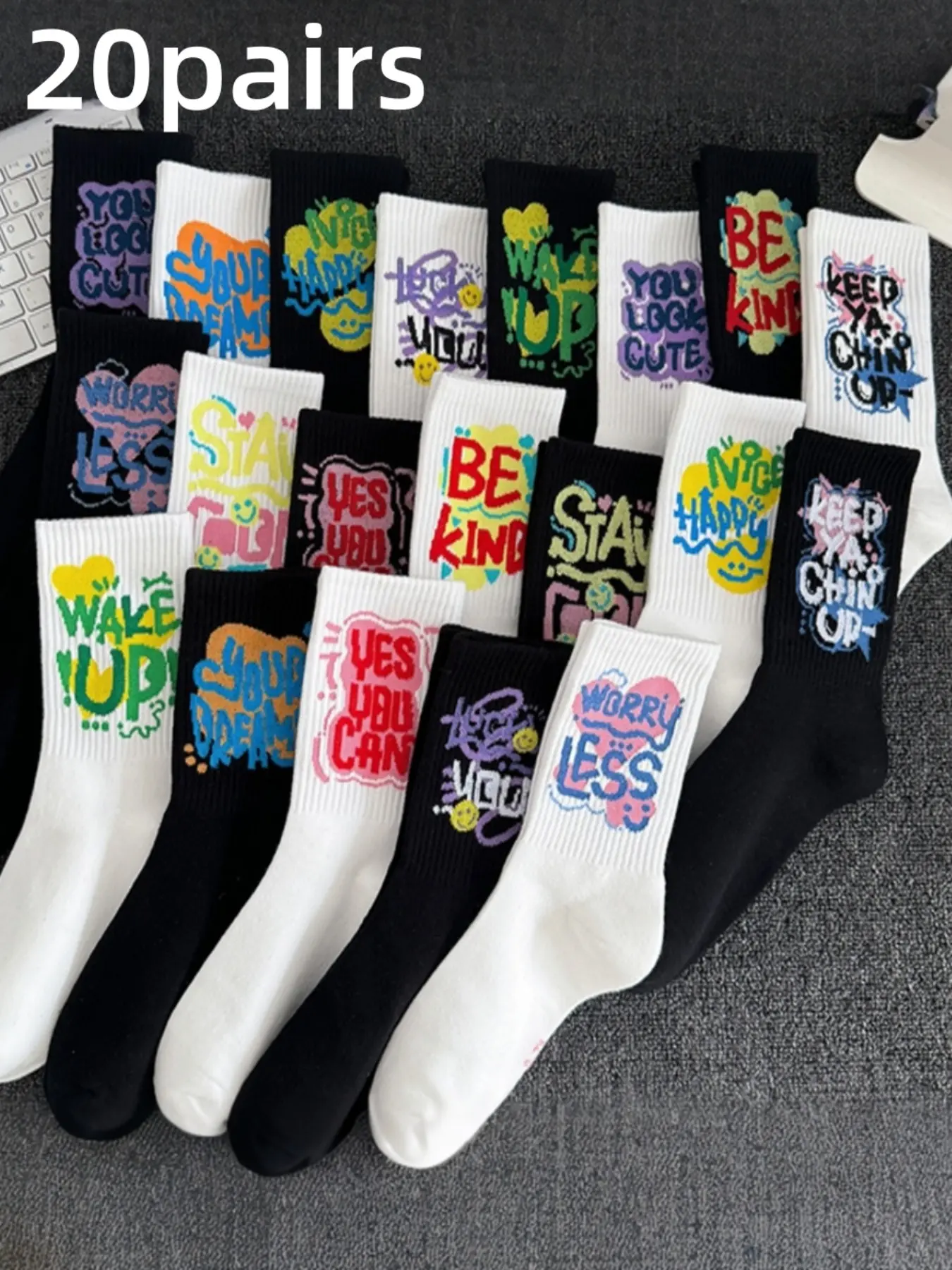20 Pairs Men's Crew Socks, Graffiti Fashion Street Style, Trendy Mid-Calf Socks, Elastic Long Cuff, Comfortable Soft, All Seasons