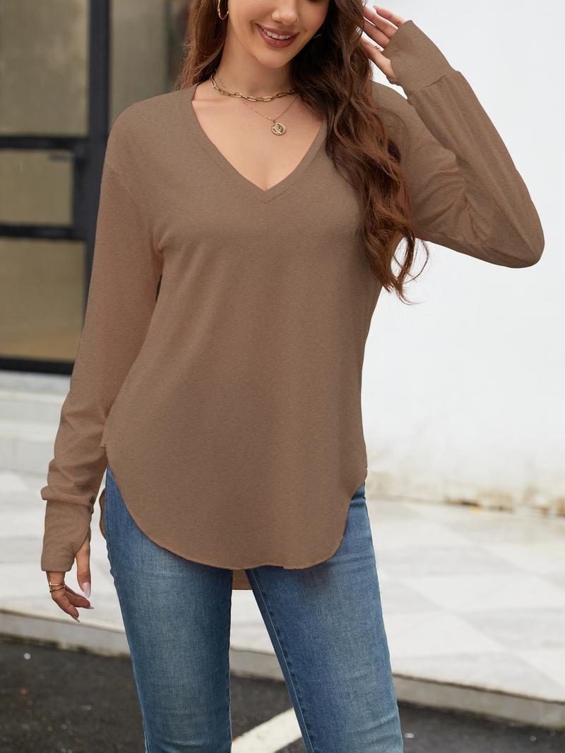 Aswulk Womens Deep V Neck Tunic Tops Long Sleeve Oversized Casual Loose Fit Curved Hem T Shirts