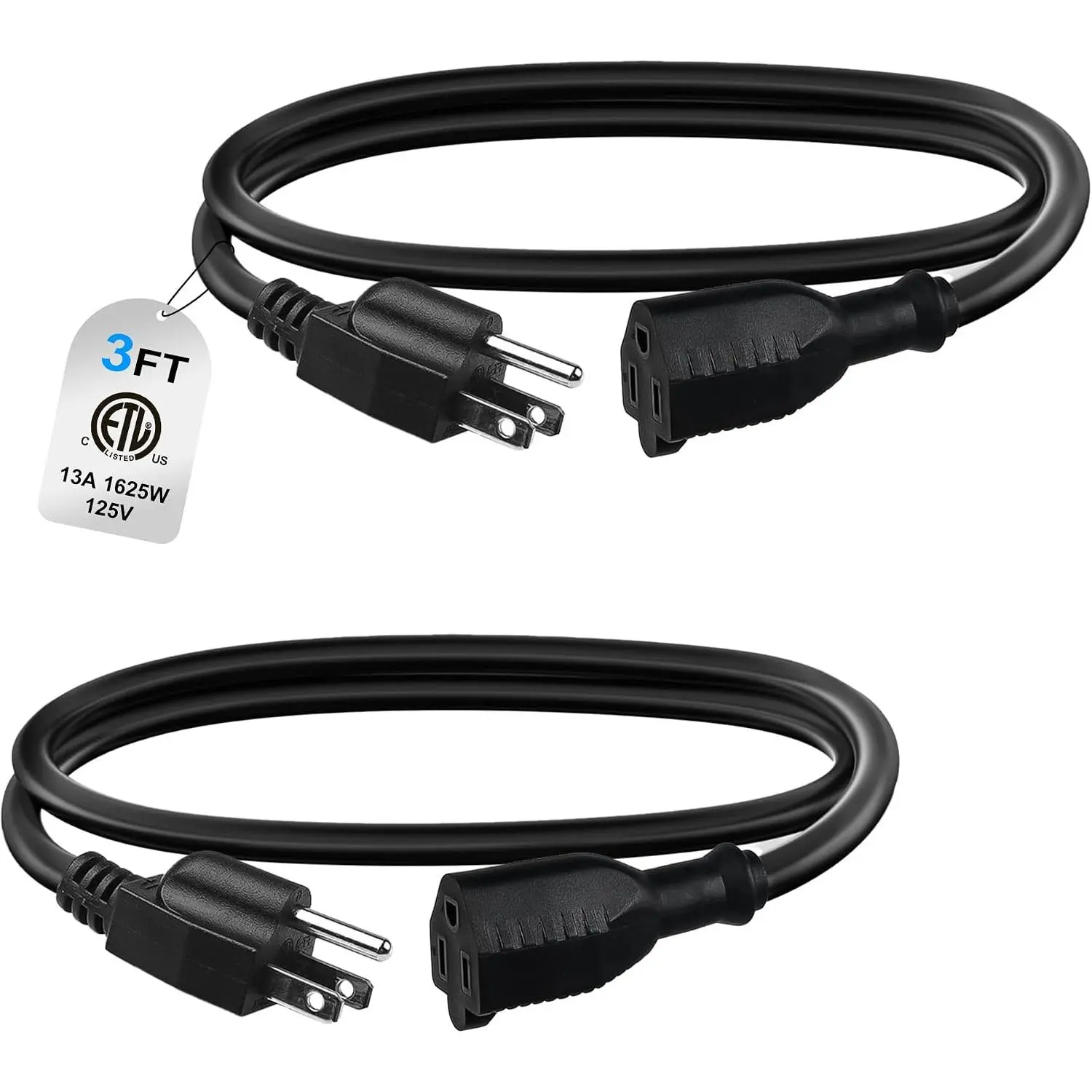 3ft Indoor Outdoor Extension Cord 16/3 SJTW, 2 Pack, Black, PVC  Jacket, 3-Prong, Weather Resistant, Flame Retardant, Suitable for Indoor, Landscaping & Holiday Decorations, 13A ETL