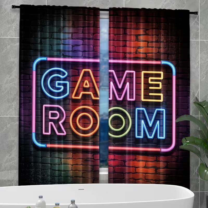 Modern Polyester Game Room Curtains, Semi-Transparent Rod Pocket Curtains, Roller Print Brick Wall Design, All Season Decor