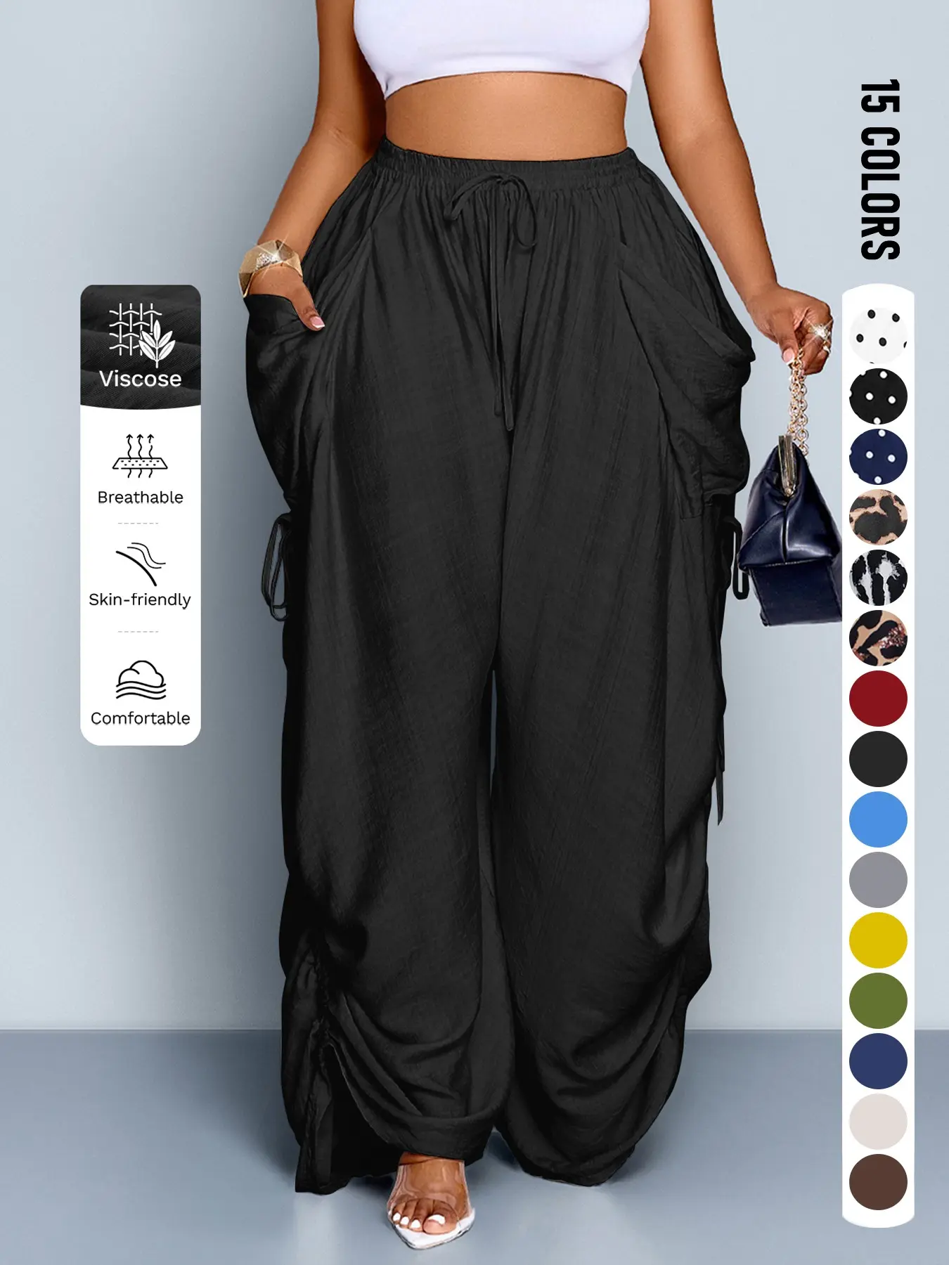 Plus Size Women's Casual Loose-Fit Wide Leg Pants, All-Season Woven Fabric, Long Plain Design, Daily Commute & Vacation Wear