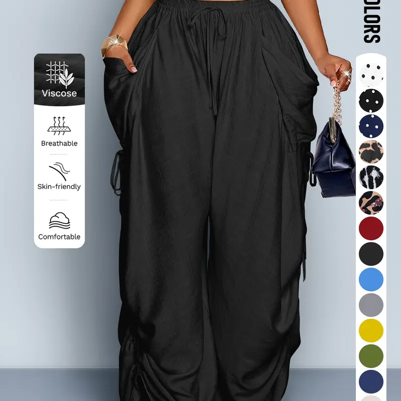 Plus Size Women's Casual Loose-Fit High Waist Wide Leg Pants, All-Season Woven Fabric, Long Plain Design, Daily Commute & Vacation Wear