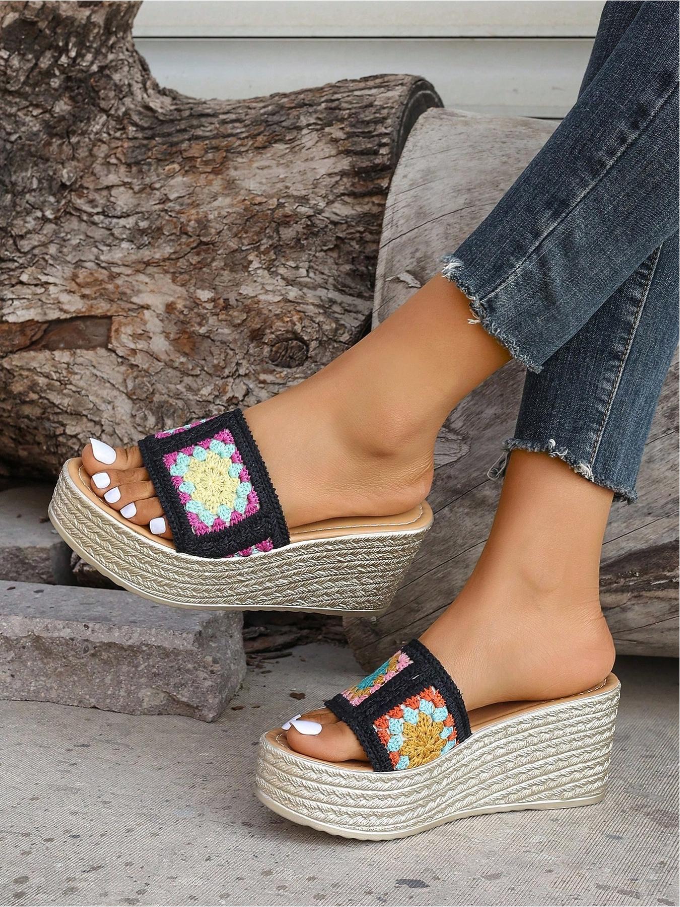 Vintage Bohemian Resort Style Handmade Crochet & Straw Wedge Heels, Breathable, Thick Sole, Anti-Slip, Multiple Sizes & Colors, Perfect for Daily Wear