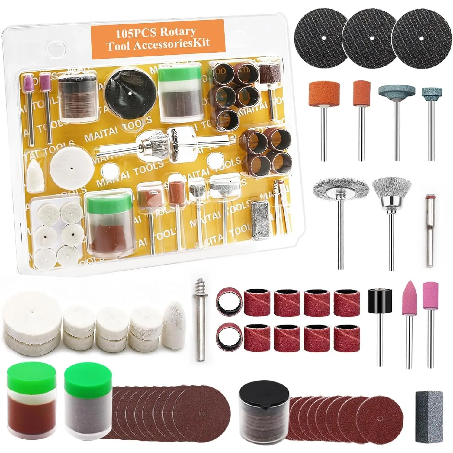 105-Count Rotary Tool Accessory Kit with 1/8-Inch Shank, Sanding Drum & Multi-Grit Sets, Fit for Rotary Tools for Grinding Polish, Metal/Glass Sanding, Drilling