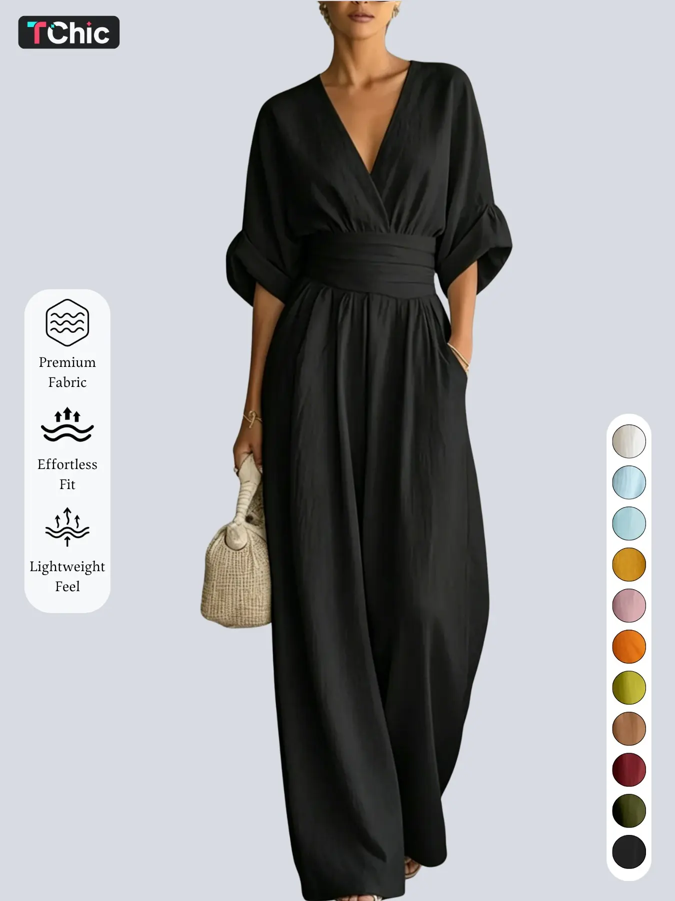 New Women's Solid Deep V Neck Waist Cinch Wide Leg Jumpsuit, Mid Sleeve Side Zip Design, Breathable Elegant Fashion Casual Fit