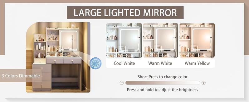 Vabches Vanity Makeup Mirror Desk,Makeup Vanity with 6 Drawers and Shelves,Vanity Table with Power Strip,Vanity Mirror 3 Lighting Color Adjustable