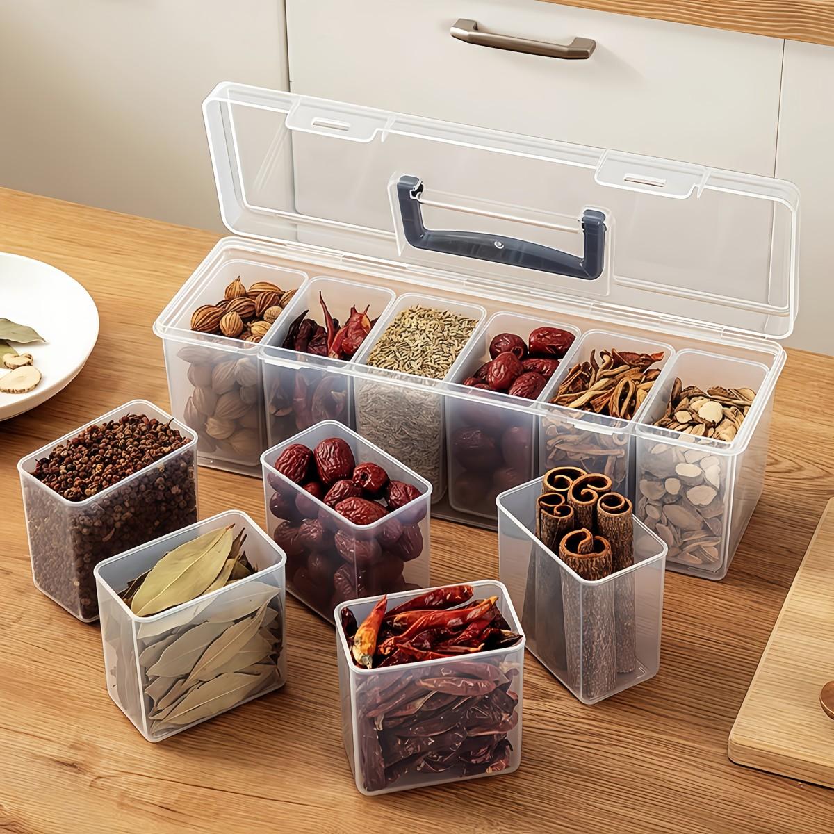 7 PCS Storage Box Set, clear plastic containers for spices, grains, and snacks, easy-access design for kitchen organization, perfect for home cooking, meal prep, and countertop storage