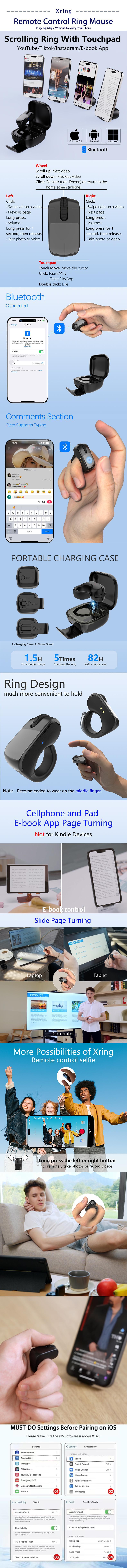 Bluetooth+2.4G Remote Control Scrolling Finger Ring Air Mouse with Touchpad for Tik tok ,Wireless Clicker, Video Scroller、Page Turn for Kindle APP, Presenter Remote ,Selfie,Rechargeable,Remote Mice for Android、iOS&PC,Laptop,Mac,Tablet