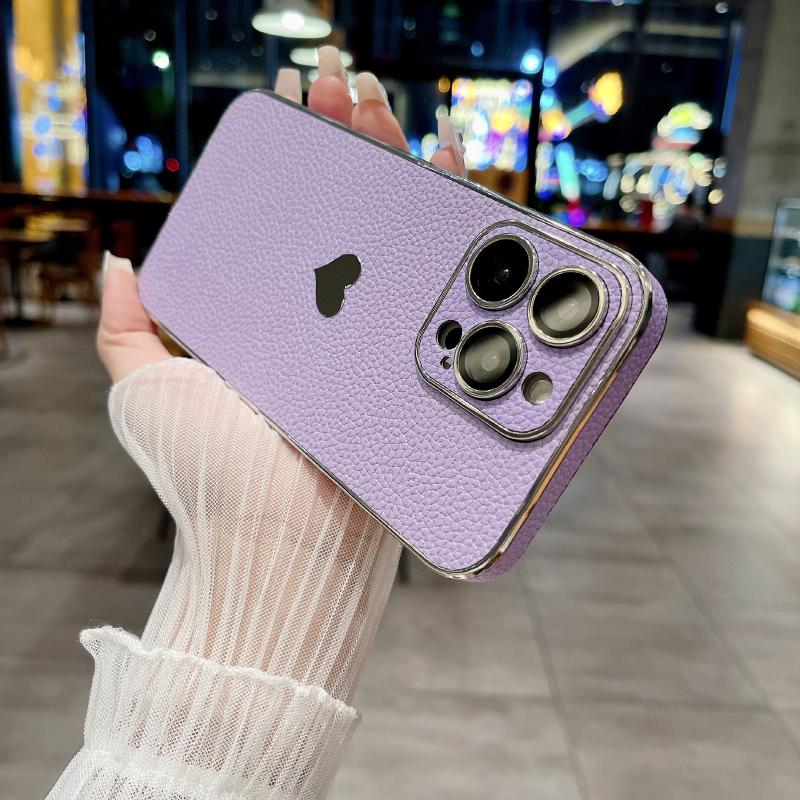 Luxury Solid Color Leather Plating Border Love Logo Phone Case For iPhone 16 Pro Max 14 11 12 13 15 Pro Max Bumper Back Cover