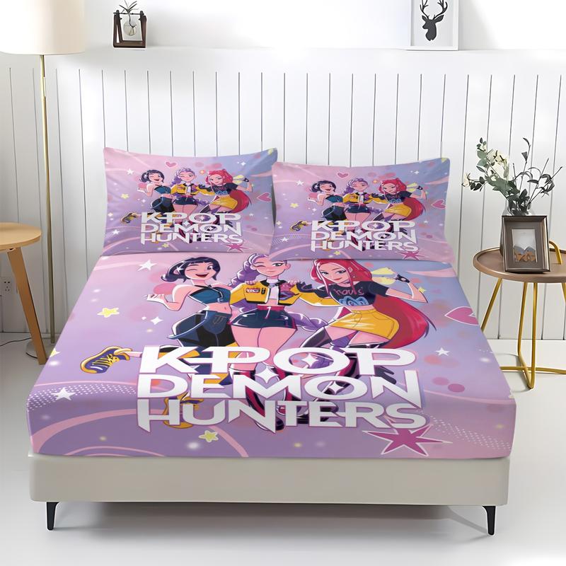 K-Pop Demon Hunters Fitted Sheet Set, Decorative Bedsheet Sets, 1 Fitted Sheet and 2 Pillowcases Without Inner Core, Fashionable Girl Group and Star Magic Element Bedding, Soft Breathable Fabric, Ideal for Bedroom and Dormitory Use #TOP PICKS