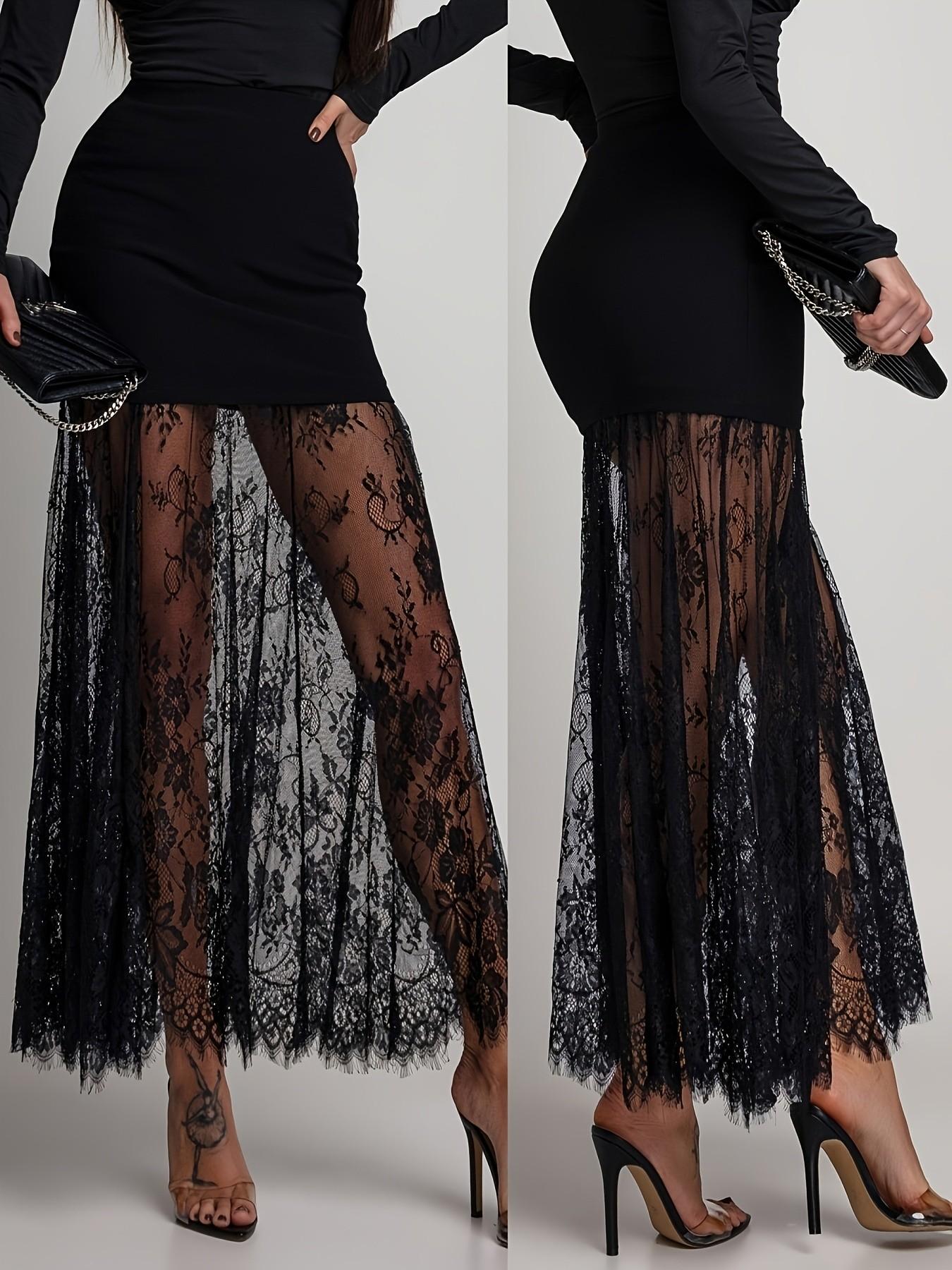 Elegant Women's High-Waisted Bodycon Skirt, Lace Trim with Pointed Edges, Flowy Fringe Design, Perfect for Parties and Events