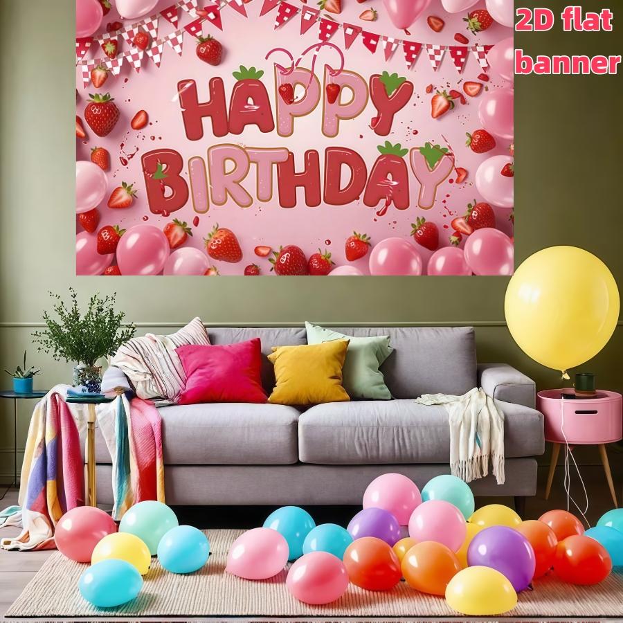 Pink strawberry themed birthday party background cloth,polyester birthday party banner,vibrant pink background,suitable for photo booths, parties, birthdays, celebrations, indoor and outdoor home birthday party decoration, home decoration, room decoration