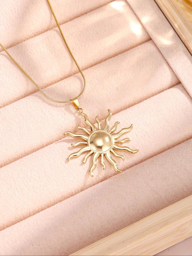 Stainless Steel Sun Pendant Necklace, Fashionable Chain, Elegant Rhinestone Design, Perfect for Daily Wear