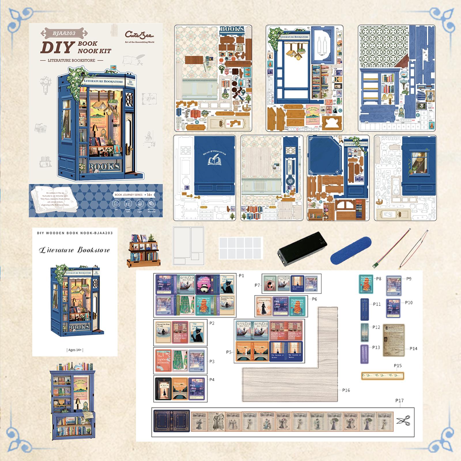 CUTEBEE DIY 3D Book Nook Kit Literature Bookstore – Miniature Wooden House Dollhouse, Handmade Creative Bookshelf Decor | Holiday, Christmas and Black Friday Gift for Adults